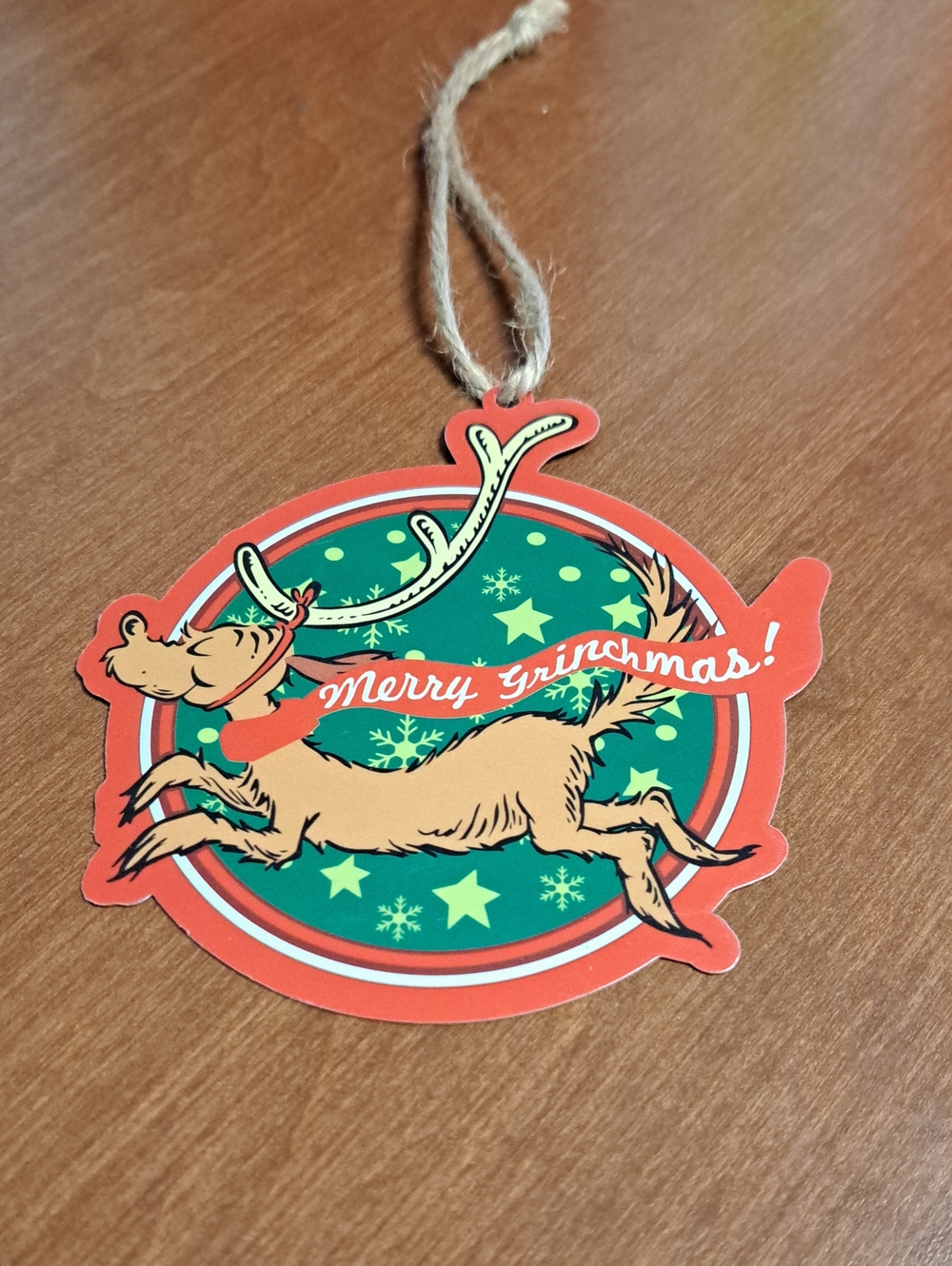 Merry Grinchmas! Red and Green Reindeer Holiday Ornament Tag